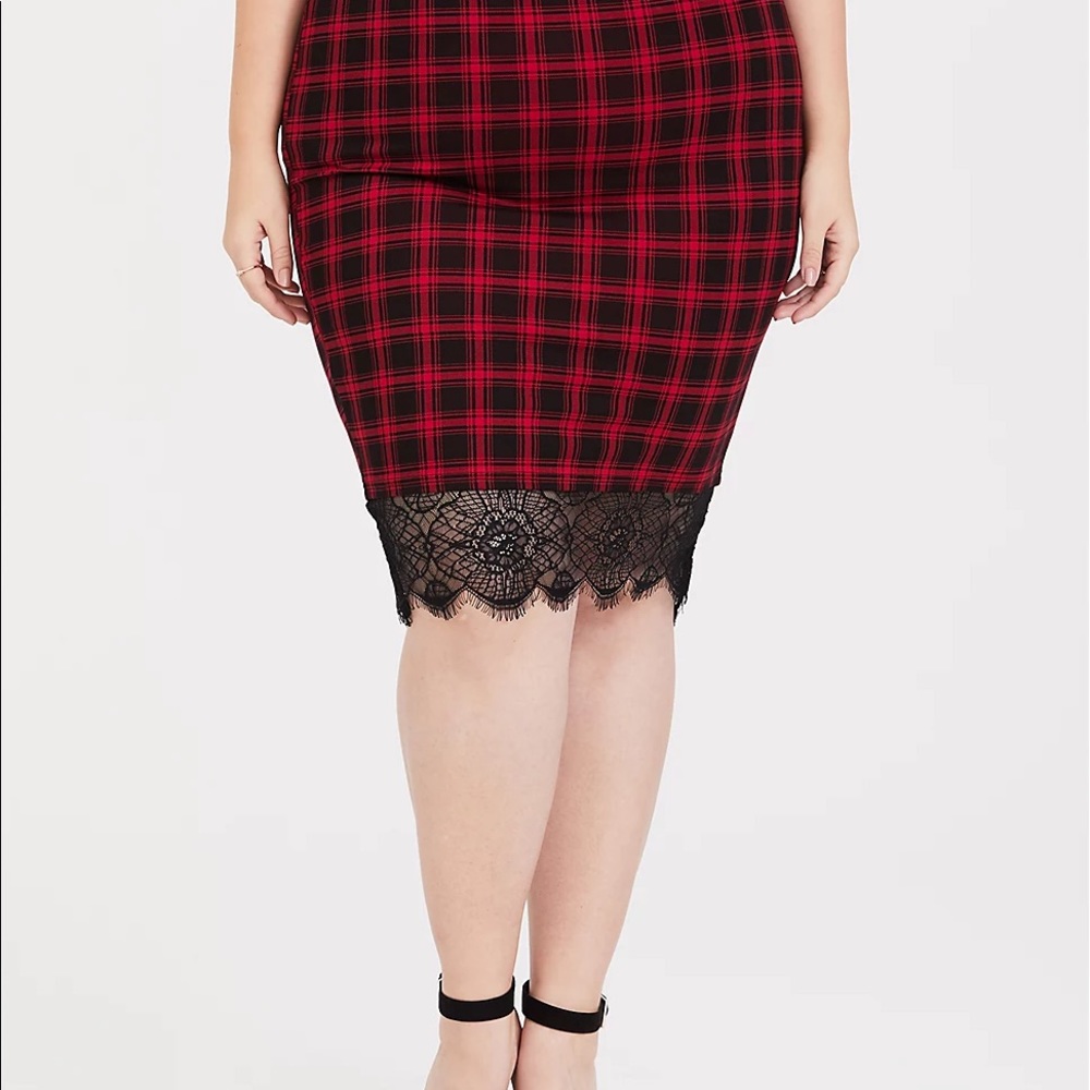 Red/black Plaid lace pencil skirt